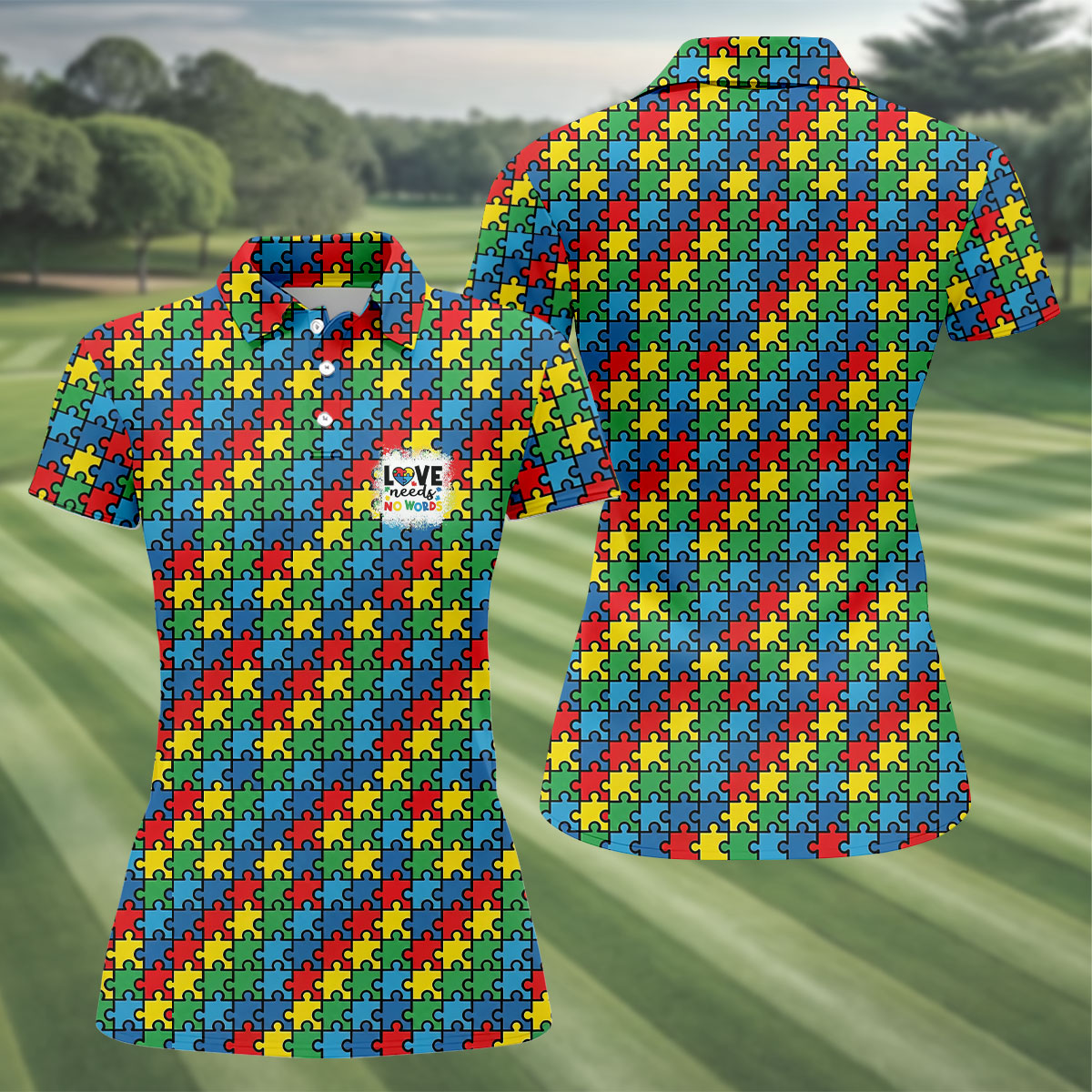 Love Needs No Words Autism Awareness Jigsaw Puzzle Pieces Golf Shirt For Women, Ladies Golf Polos
