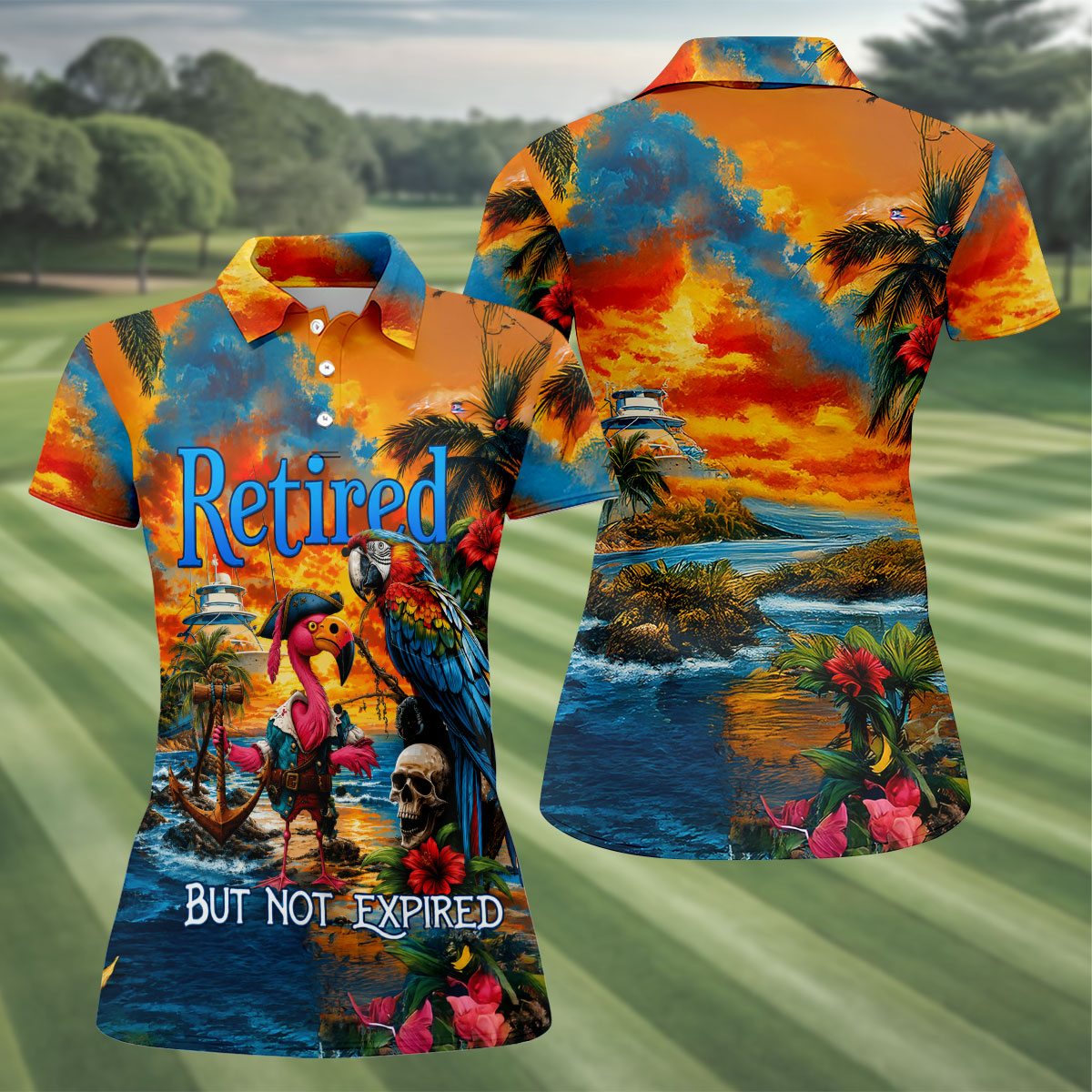 Retired Parrot Flamingo Pirate Tropical Golf Shirt, Women’s Golf Polo, Ladies Golf Shirts, Printed Golf Shirt