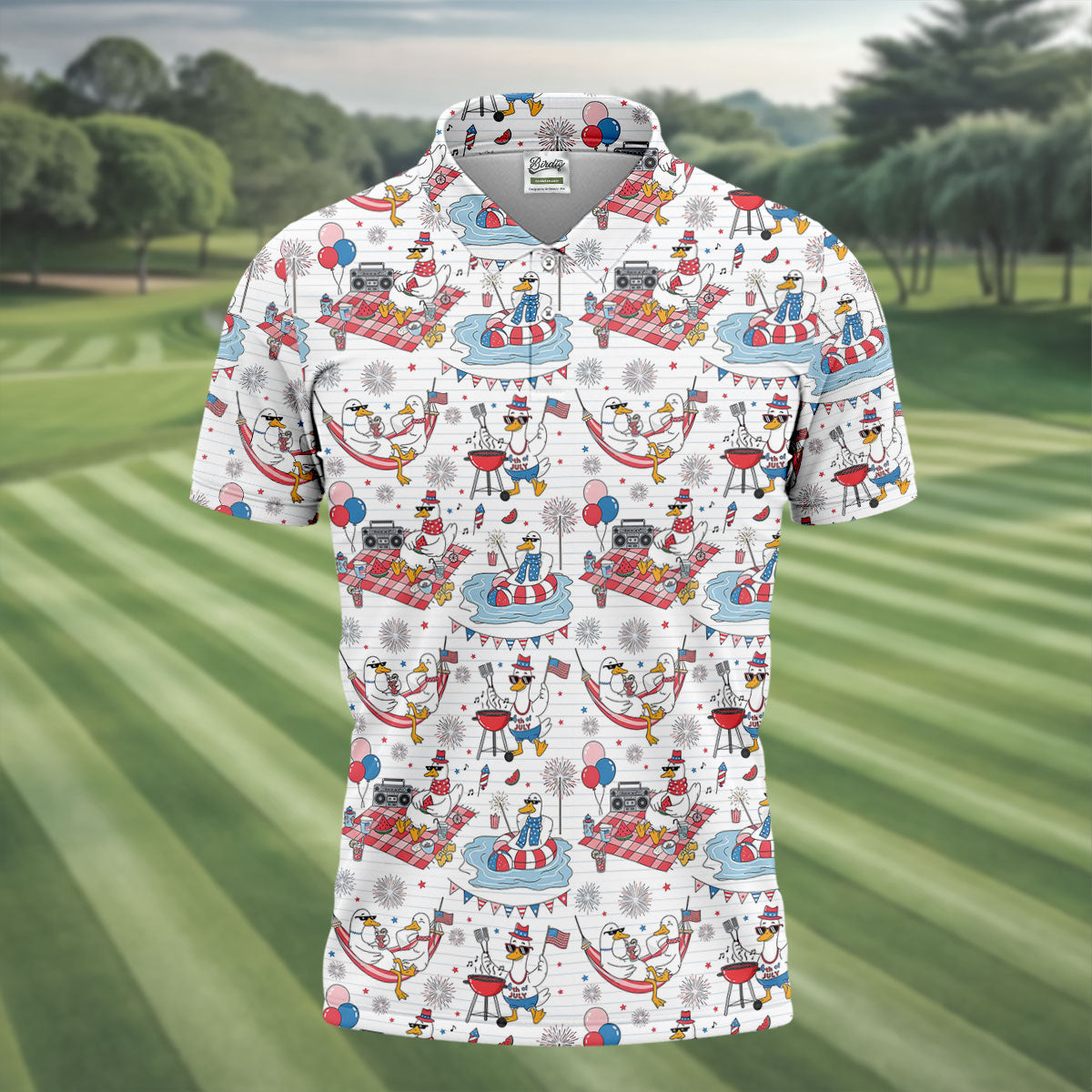 Funny Patriotic Duck Summer Party Polo Shirt, Mens Golf Polo, Golf Shirts For Men