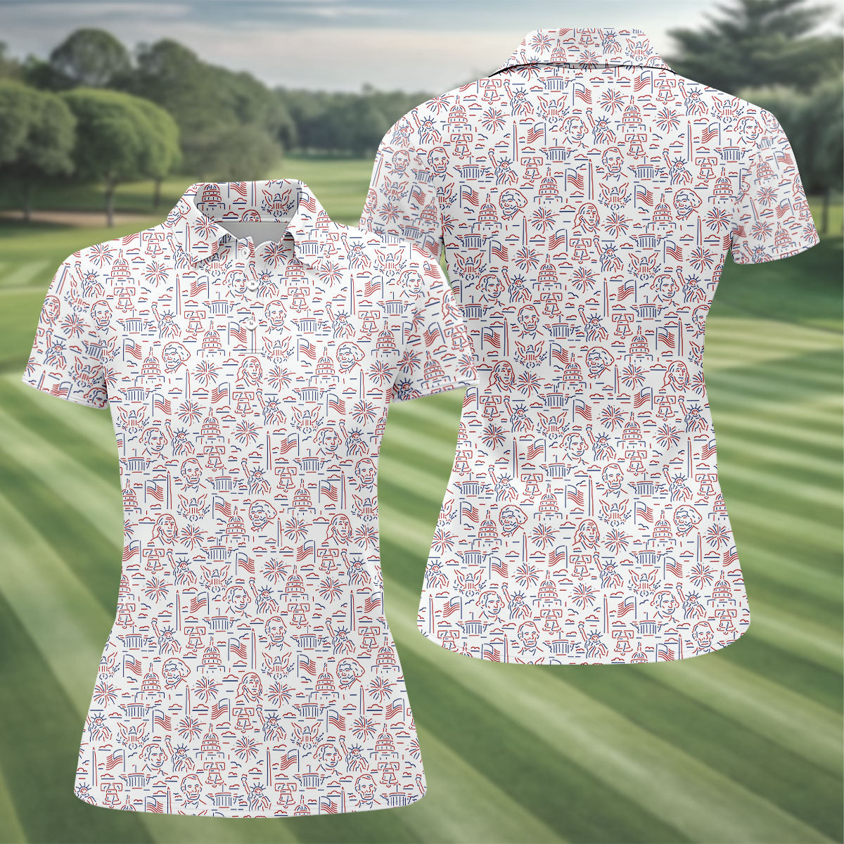 Red White Blue Outlined Patriotic American 250th Anniversary White Golf Shirt, 4th Of July Golf Shirt For Women