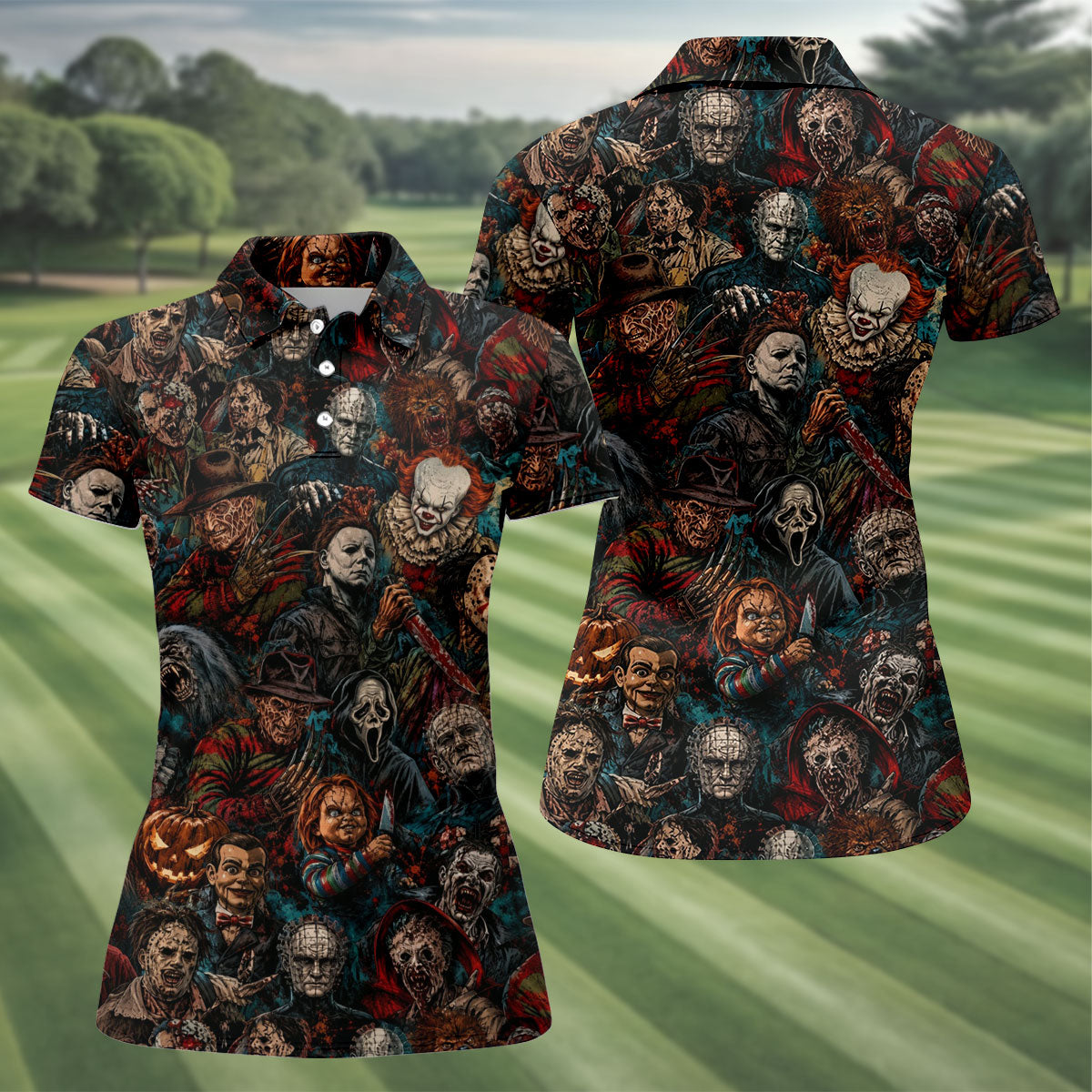 Dark Horror Character Collage Halloween Polo Shirt, Women’s Golf Polo, Ladies Golf Top