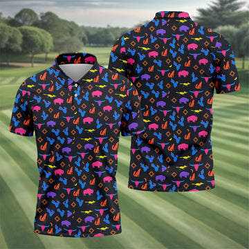 Neon Desert Cactus Buffalo Hawaiian Golf Shirt, Mens Golf Polo, Printed Golf Shirts
