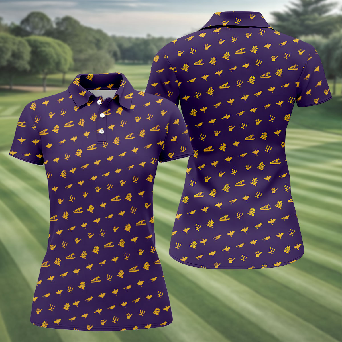 Purple Gravestone Bat Halloween Pattern Polo Shirt, Golf Polo For Women, Ladies Golf Top