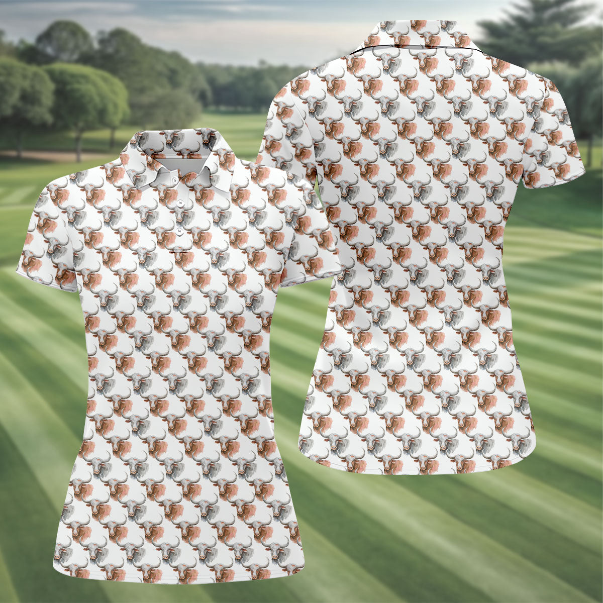 Longhorn Watercolor Pattern Golf Polo Shirt, Golf Tops For Women, Hawaiian Golf Shirt