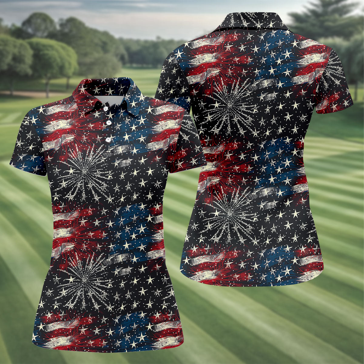 Patriotic American Flag Distressed Color 4th Of July Women Golf Top, 250th Anniversary Ladies Golf Shirts