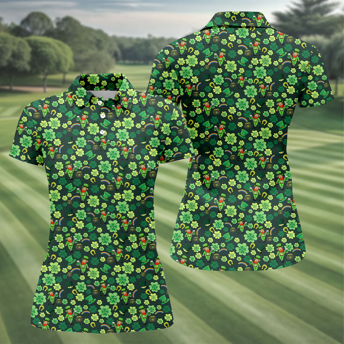 Shamrock St Patrick's Day Dark Green Golf Shirt, Women's Golf Tops, Ladies Golf Polos, Women's Polo Shirt