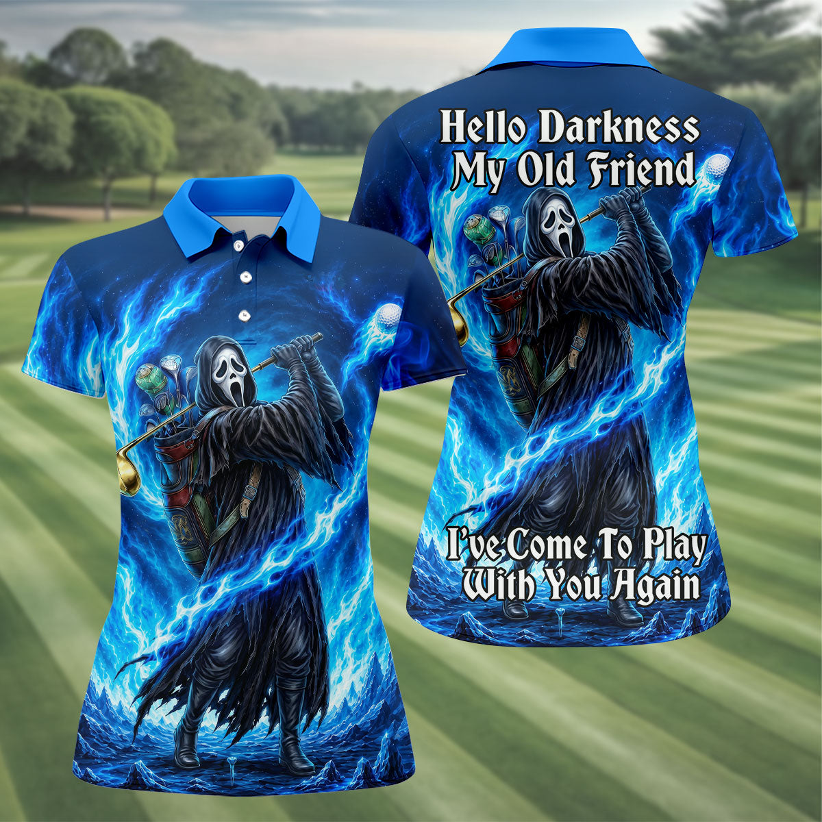 Hello Darkness Flame Horror Character Polo Shirt, Womens Golf Tops, Golf Polo For Women