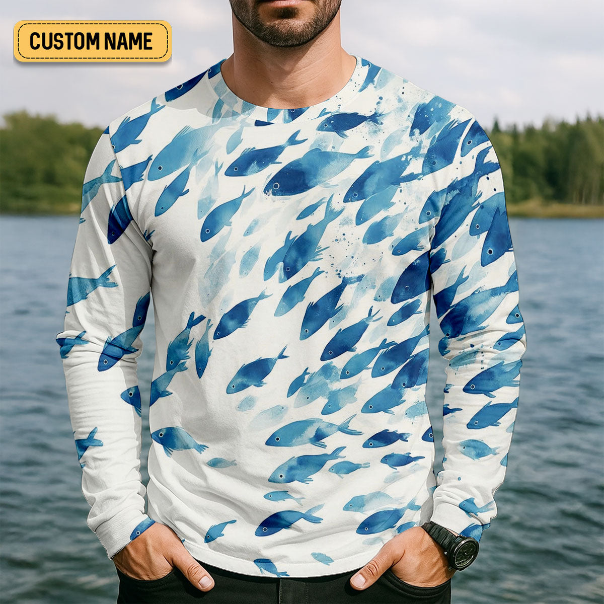 Flowing Fish White And Blue Fishing UPF Shirts, Minimal Watercolor Fishing Shirts For Men