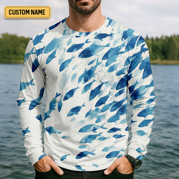 Flowing Fish White And Blue Fishing UPF Shirts, Minimal Watercolor Fishing Shirts For Men