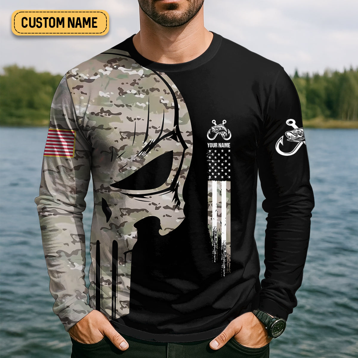 Custom Camo Patriotic Fishing Shirt, Fishing UPF Shirts, Fishing Gifts For Men, Men's Fishing Shirt
