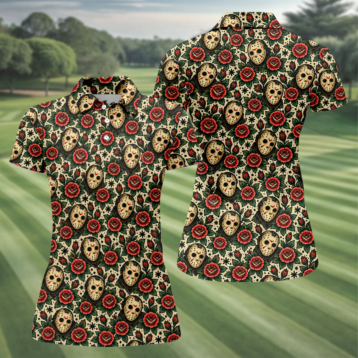 Rose Mask Halloween Horror Character Polo Shirt, Ladies Golf Shirts, Womens Golf Tops
