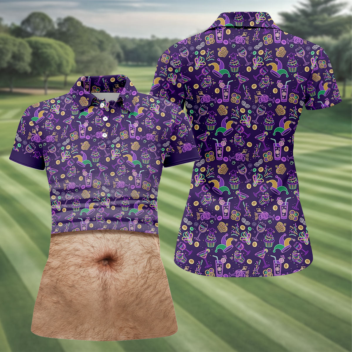 Purple Green Gold Mardi Gras Food Funny Tummy Women's Golf Tops, Fun Women's Golf Shirts, Ladies Golf Shirt