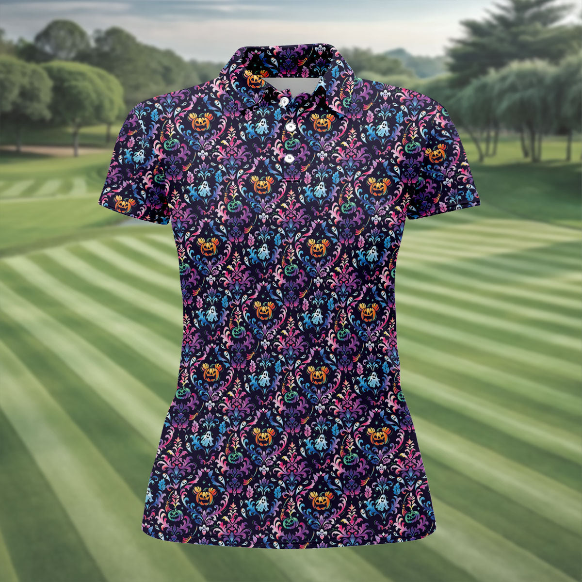Colorful Ghost Pumpkin Floral Halloween Polo Shirt, Women’s Sleeveless Golf Shirt, Ladies Golf Top