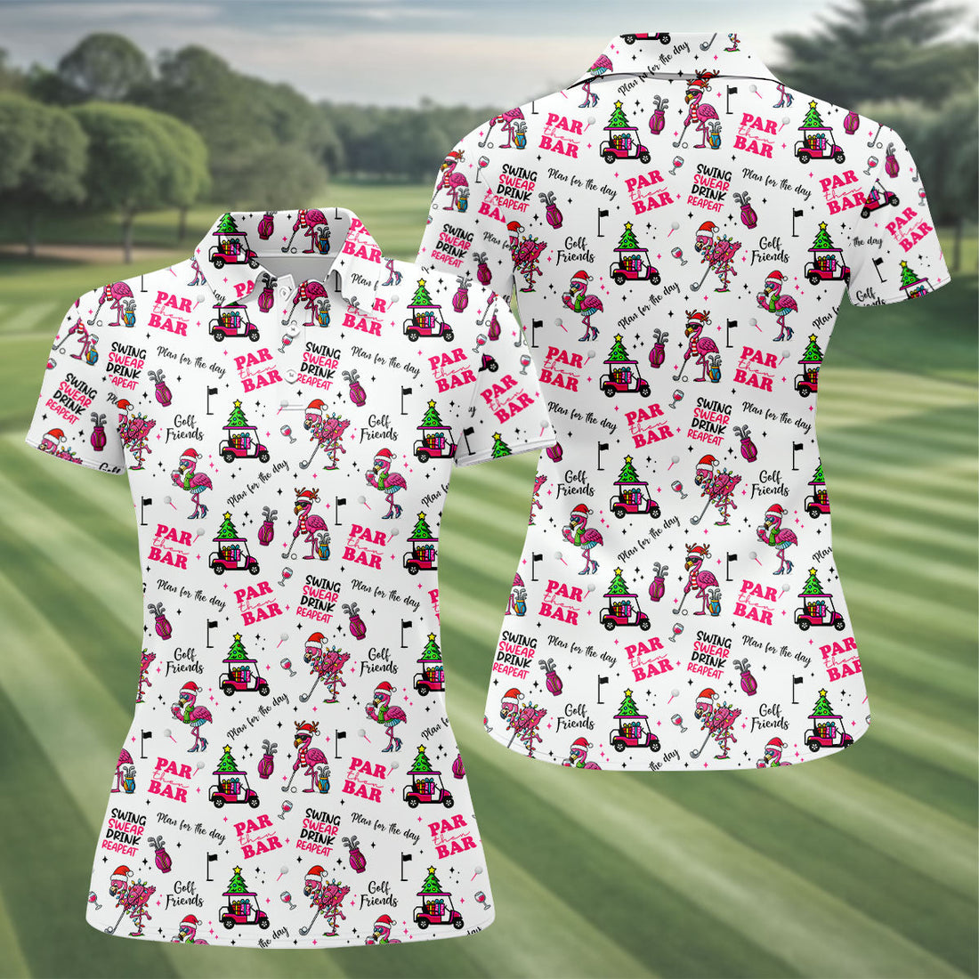 Christmas Flamingo Par Then Bar Women's Golf Shirts, Christmas Golf Shirt, Ladies Golf Shirts, Women's Golf Gifts