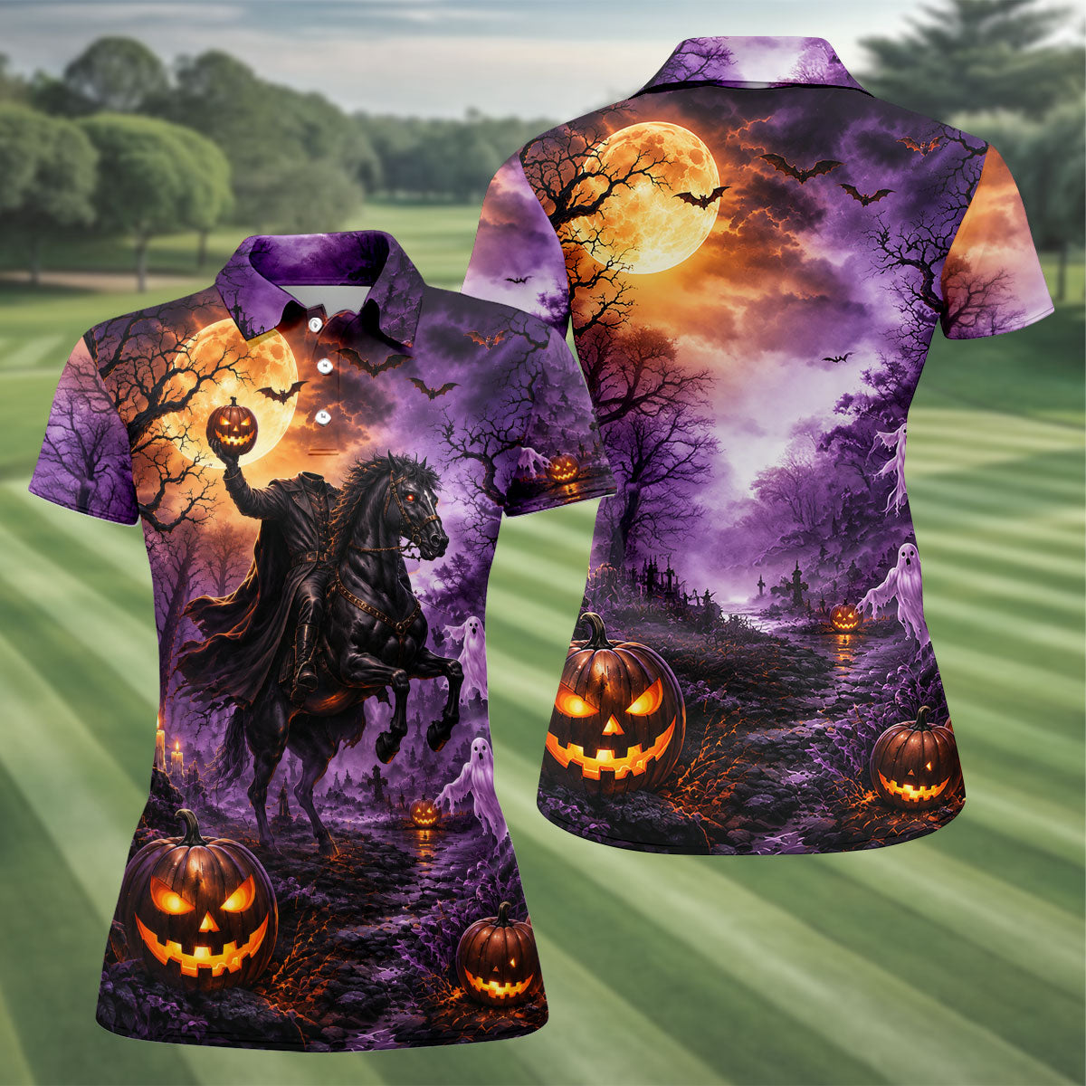 Halloween Headless Rider Horror Character Polo Shirt, Ladies Golf Shirts, Womens Golf Tops