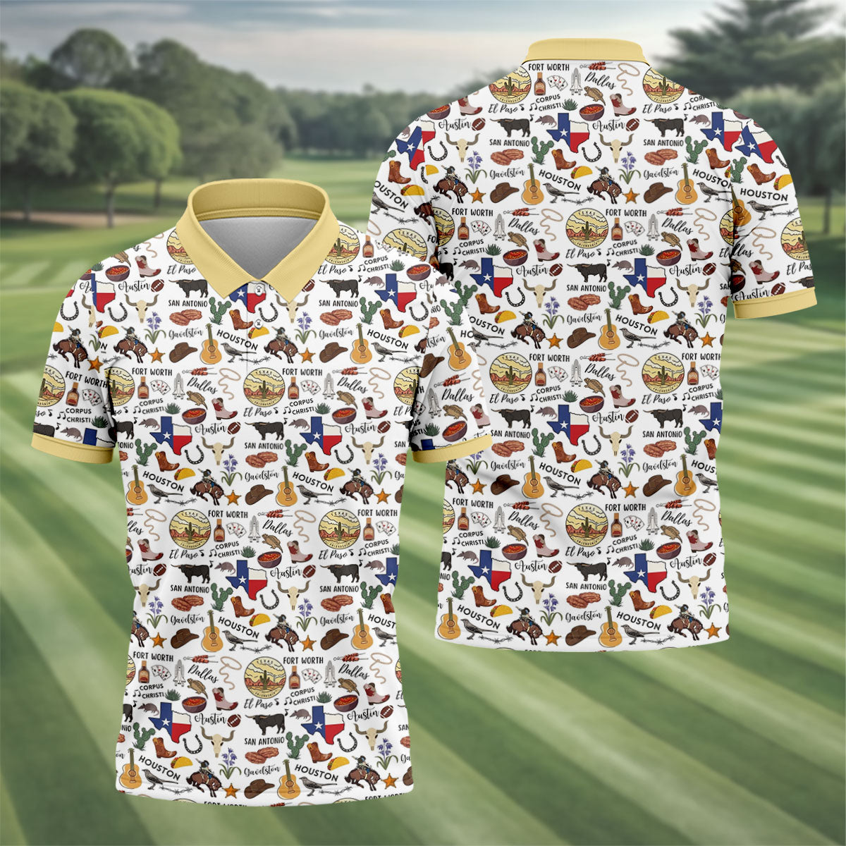 Texas Symbols Western Theme Doodle Style Golf Tops For Men, Polo ShirtFor Men, Golf Shirts For Men