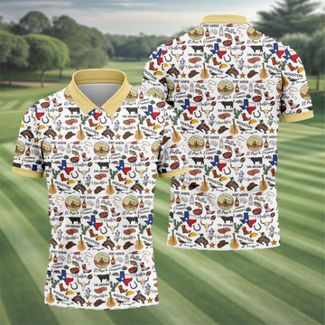Texas Symbols Western Theme Doodle Style Golf Tops For Men, Polo ShirtFor Men, Golf Shirts For Men
