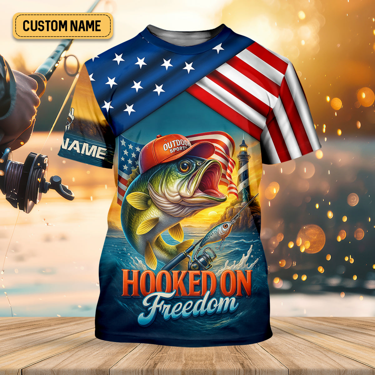 Hooked On Freedom Patriotic Fishing Shirt, Largemouth Bass Fishing SPF Shirt For Men, Men's Fishing Shirt
