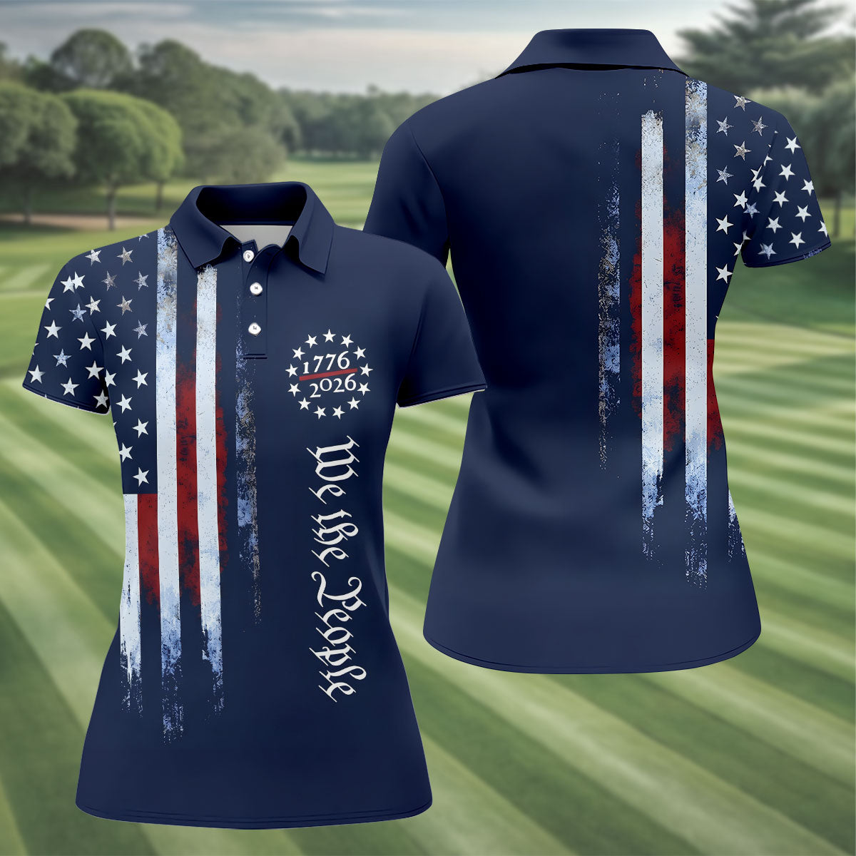 We The People 250 Years Navy Vintage Golf Shirt, Patriotic 4th Of July Golf Shirt For Women