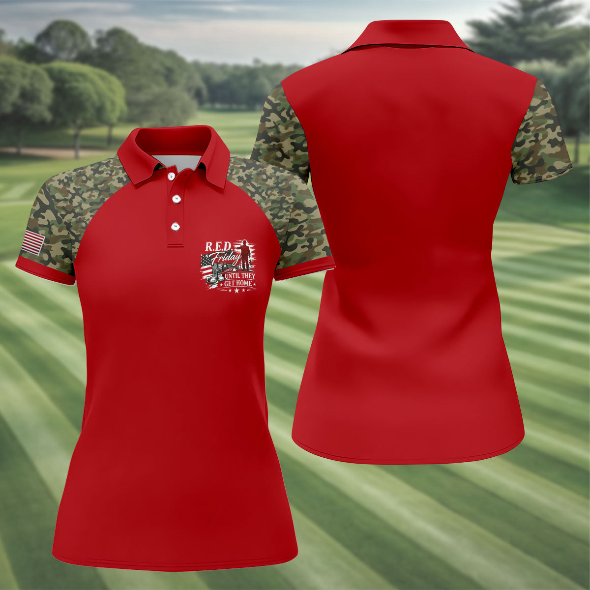 RED Friday Untill They Get Home Red Camo Golf Shirt, Veteran Memorial 250 Years Golf Shirt For Women