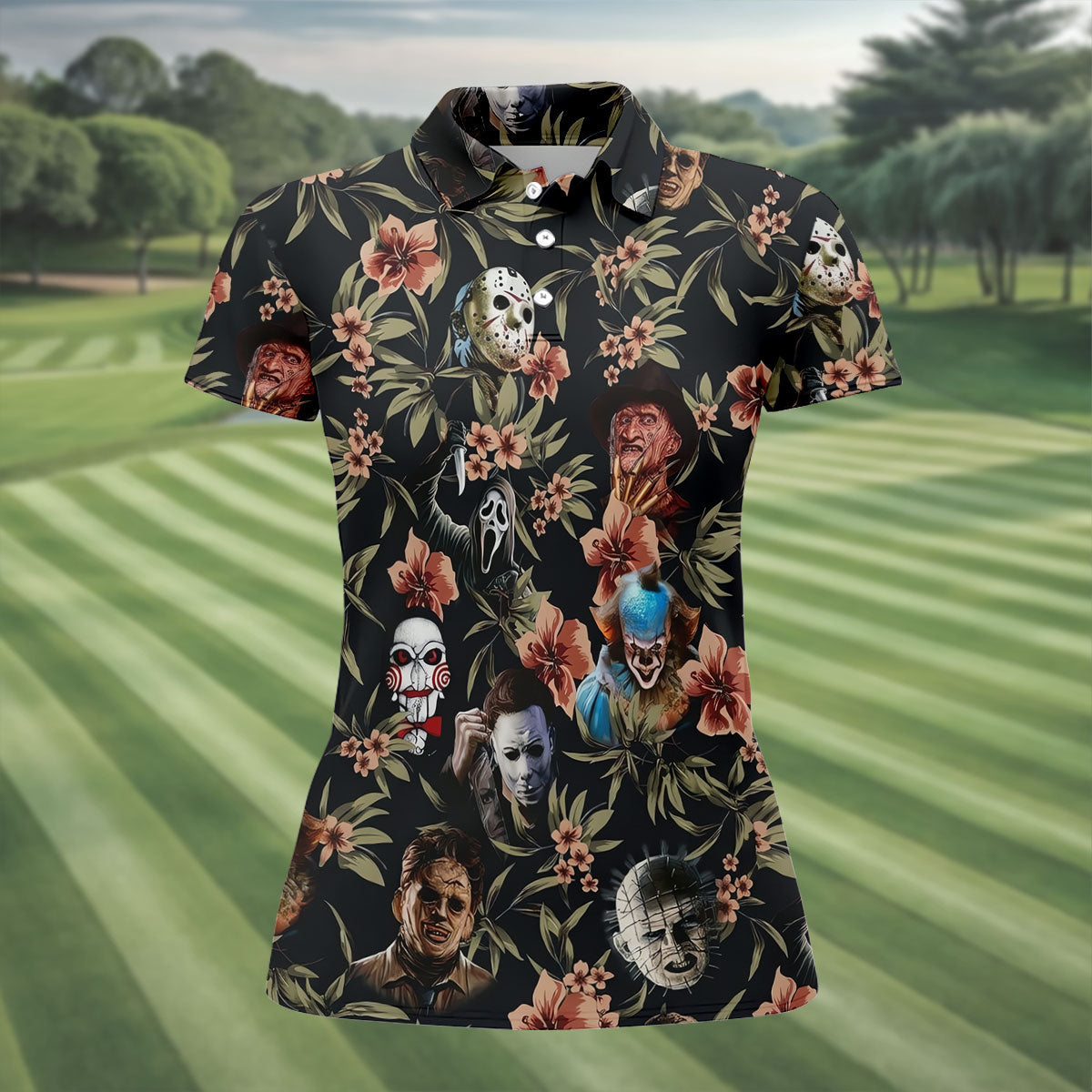 Dark Floral Horror Character Halloween Golf Shirt, Women’s Golf Polo, Printed Golf Shirt