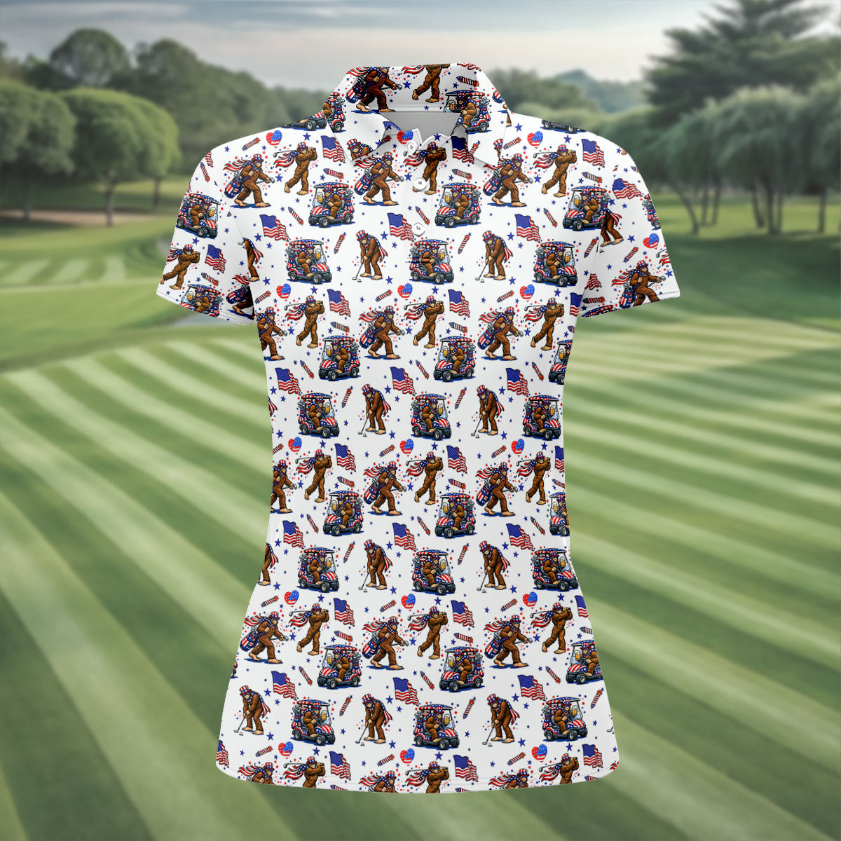 Funny Bigfoot 4th Of July With American Flag Pattern White Women Golf Top, 250th Anniversary Patriotic Golf Shirt