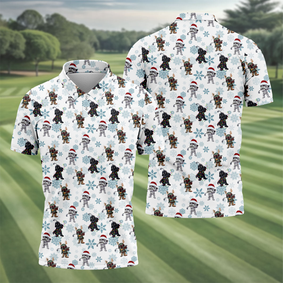 Christmas Space Characters Pattern Polo Shirt, Mens Golf Shirts, Golf Polo Shirts For Men