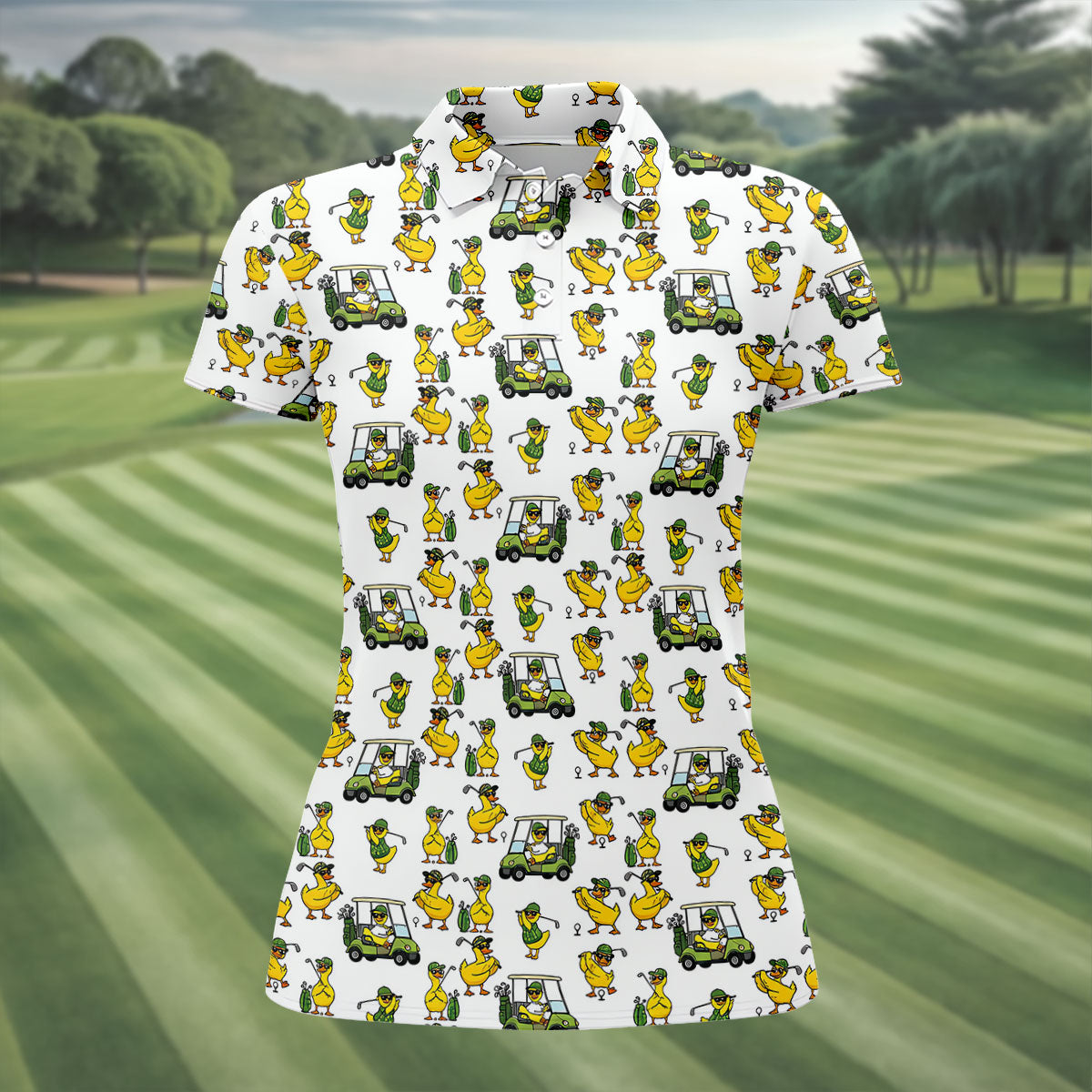 Funny Duck And Golf Cart Pattern Polo Shirt, Womens Golf Polo, Golf Apparel For Women