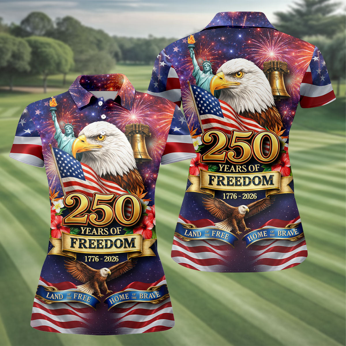 250 Years Of Freedom 1776-2026 Galaxy Pattern 4th Of July Women Golf Top, 250th Anniversary Patriotic Golf Shirt