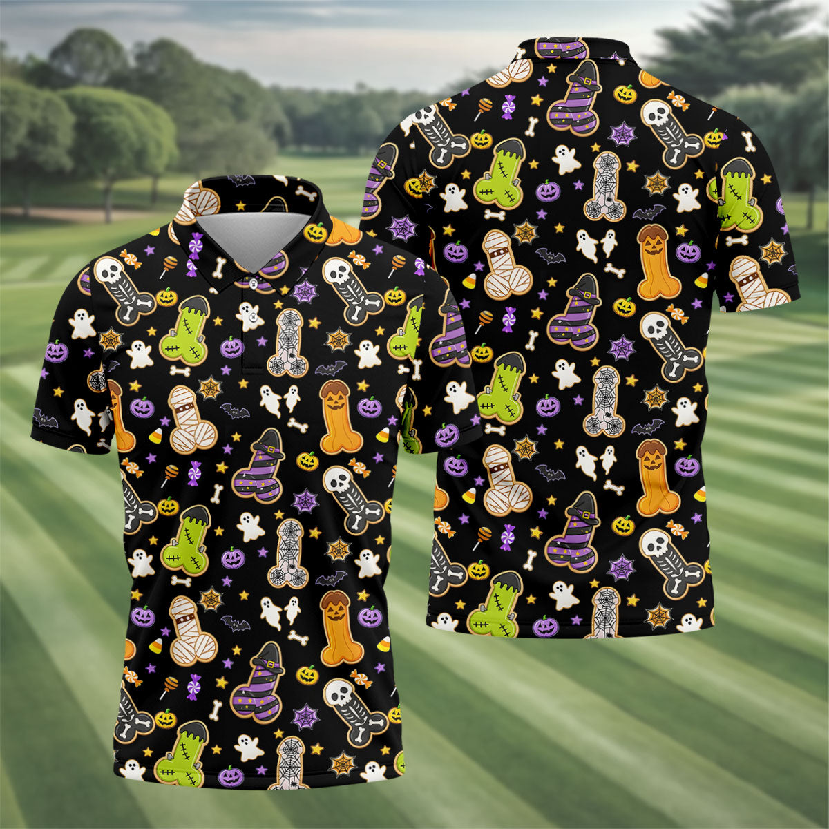 Funny Adult Halloween Cookie Pattern Polo Shirt, Men's Golf Shirt, Printed Golf Shirts