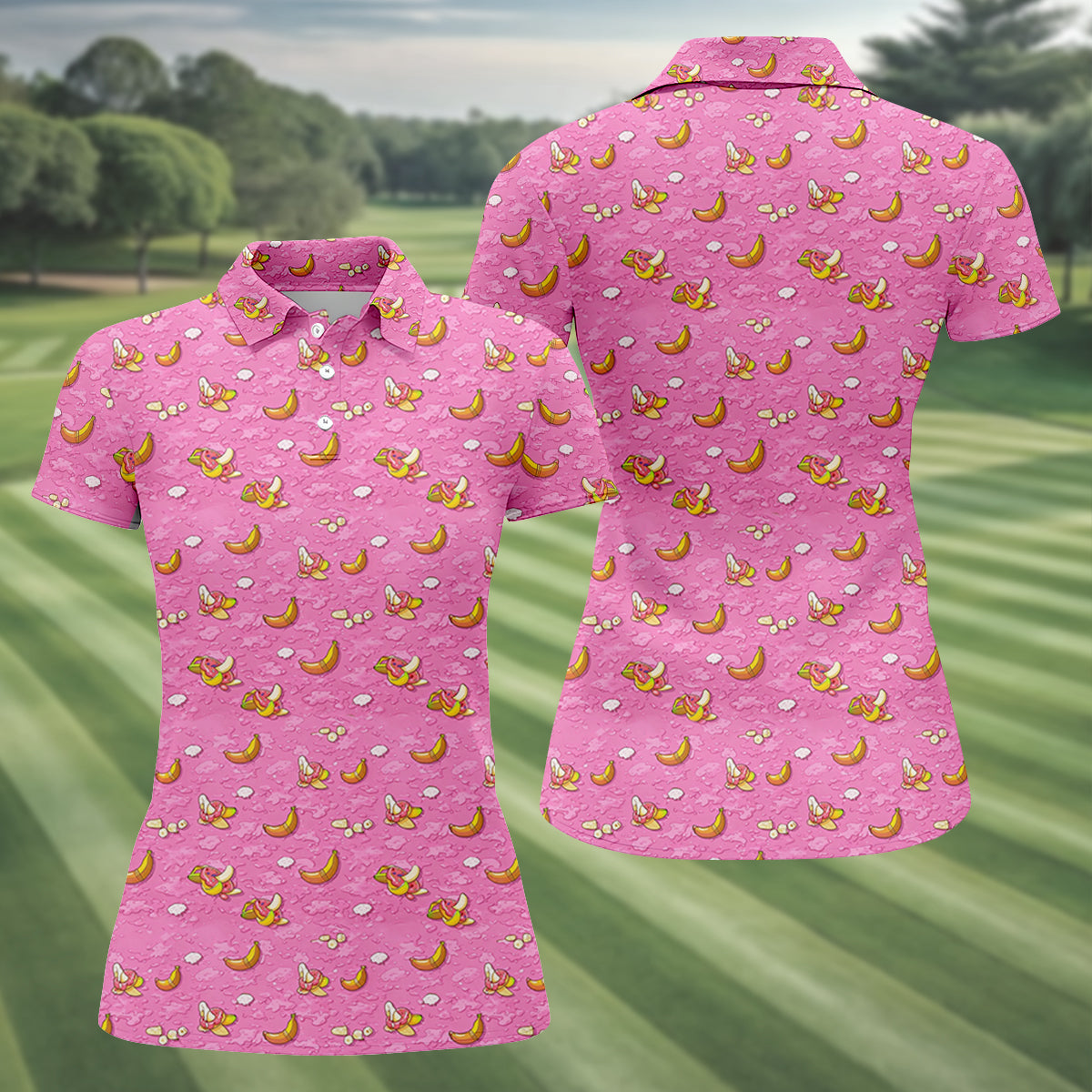 Banana And Donut Dirty Humor Pink Golf Shirt, Fun Women's Golf Shirts, Valentines Golf Gift, Ladies Golf Polos