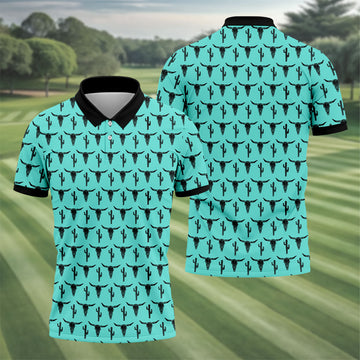 Longhorn Cow Skull Western Theme Peacock Blue Golf Tops For Men, Polo ShirtFor Men, Golf Shirts For Men