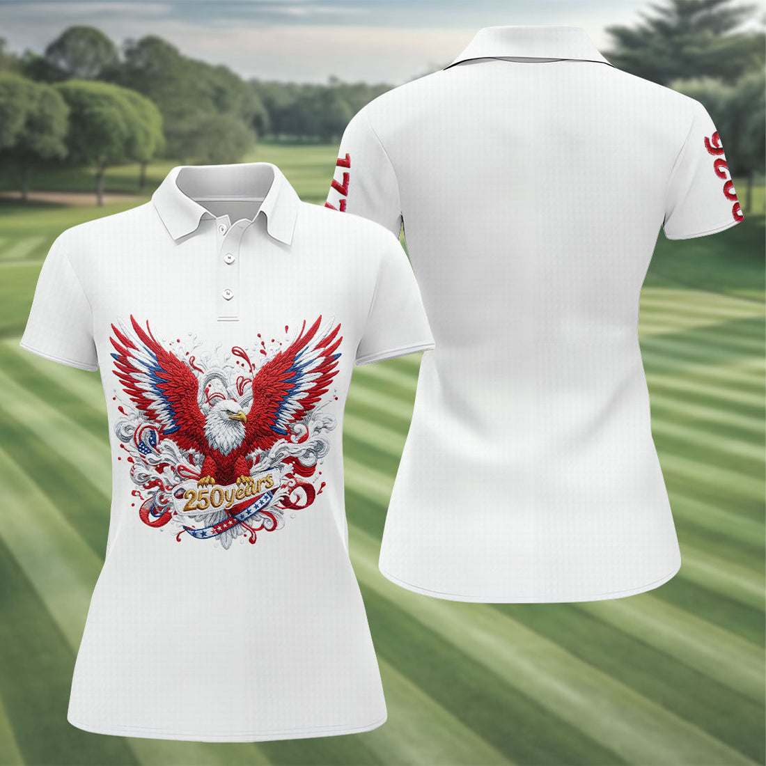 US Bald Eagle Embroidery Effect Patriotic Golf Shirt, 4th Of July Golf Shirt, 250th Anniversary Women Golf
