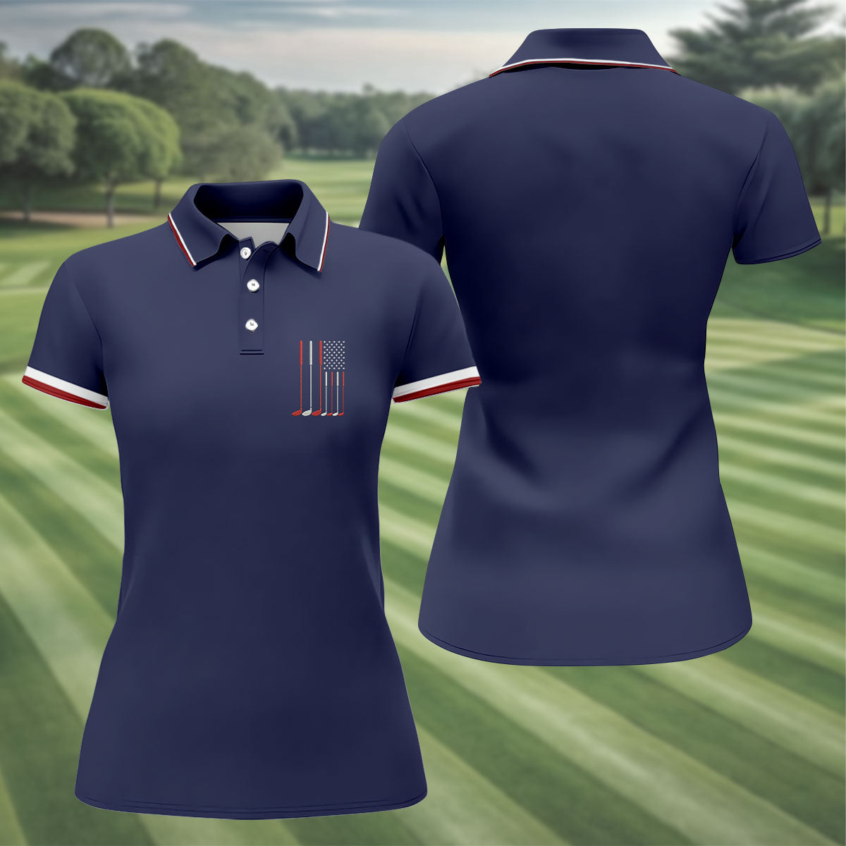 Golf Clubs America Flag Logo 250th Anniversary Navy Golf Shirt, Patriotic Golf Shirt, Women's Golf Tops