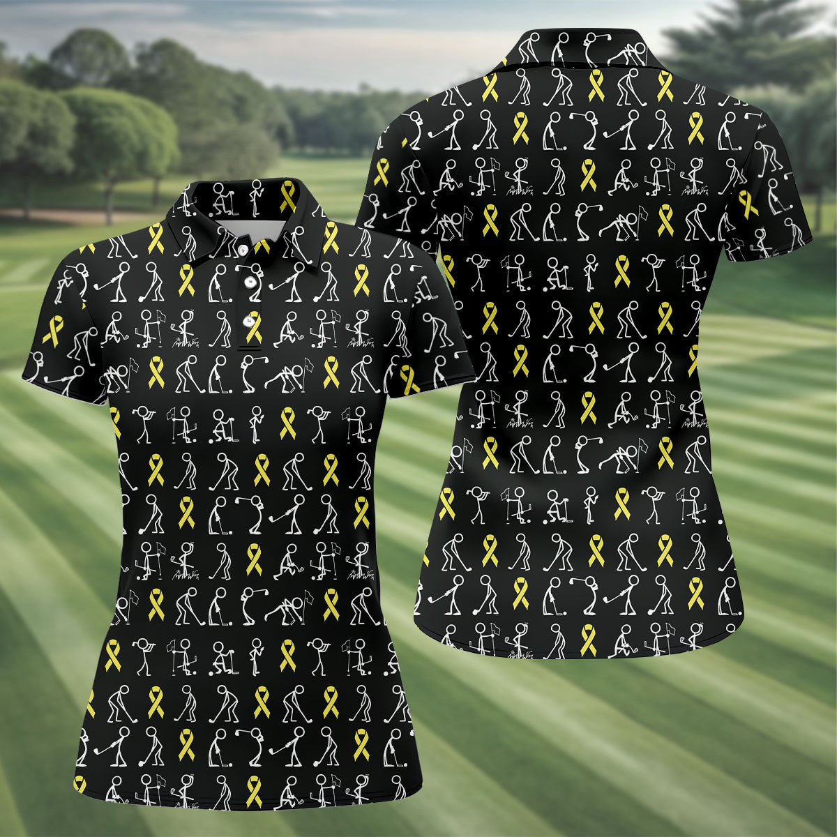 Funny Stick Figure Women's Golf Shirt, Childhood Cancer Awareness Shirt, Yellow Ribbon Golf Shirts For Women