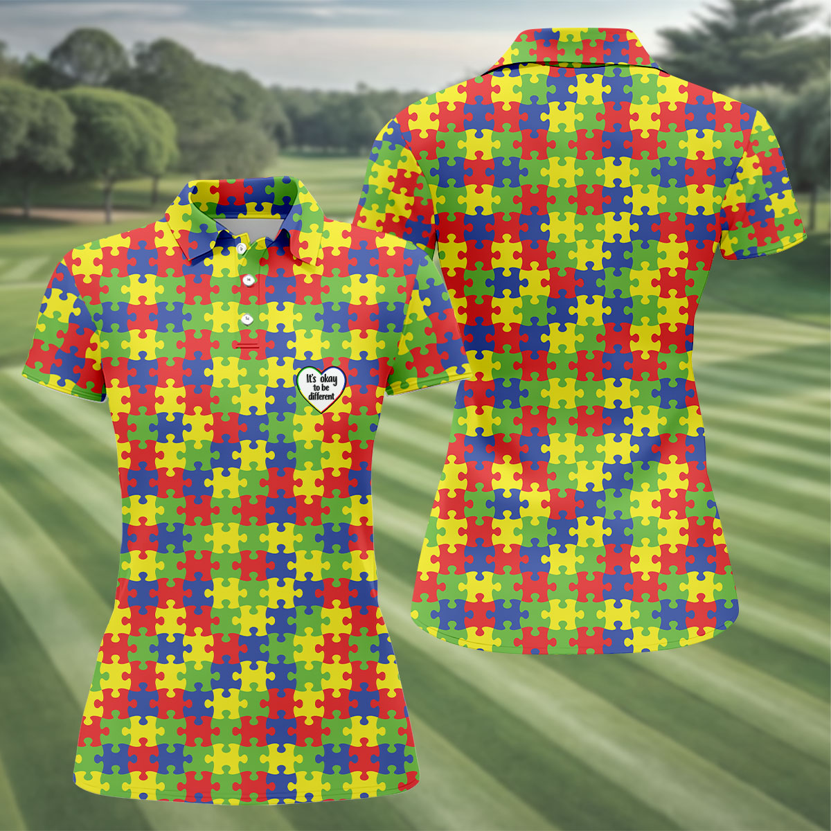 It's Okay To Be Different Autism Puzzle Women's Golf Tops, Autism Awareness Colors Ladies Golf Polos