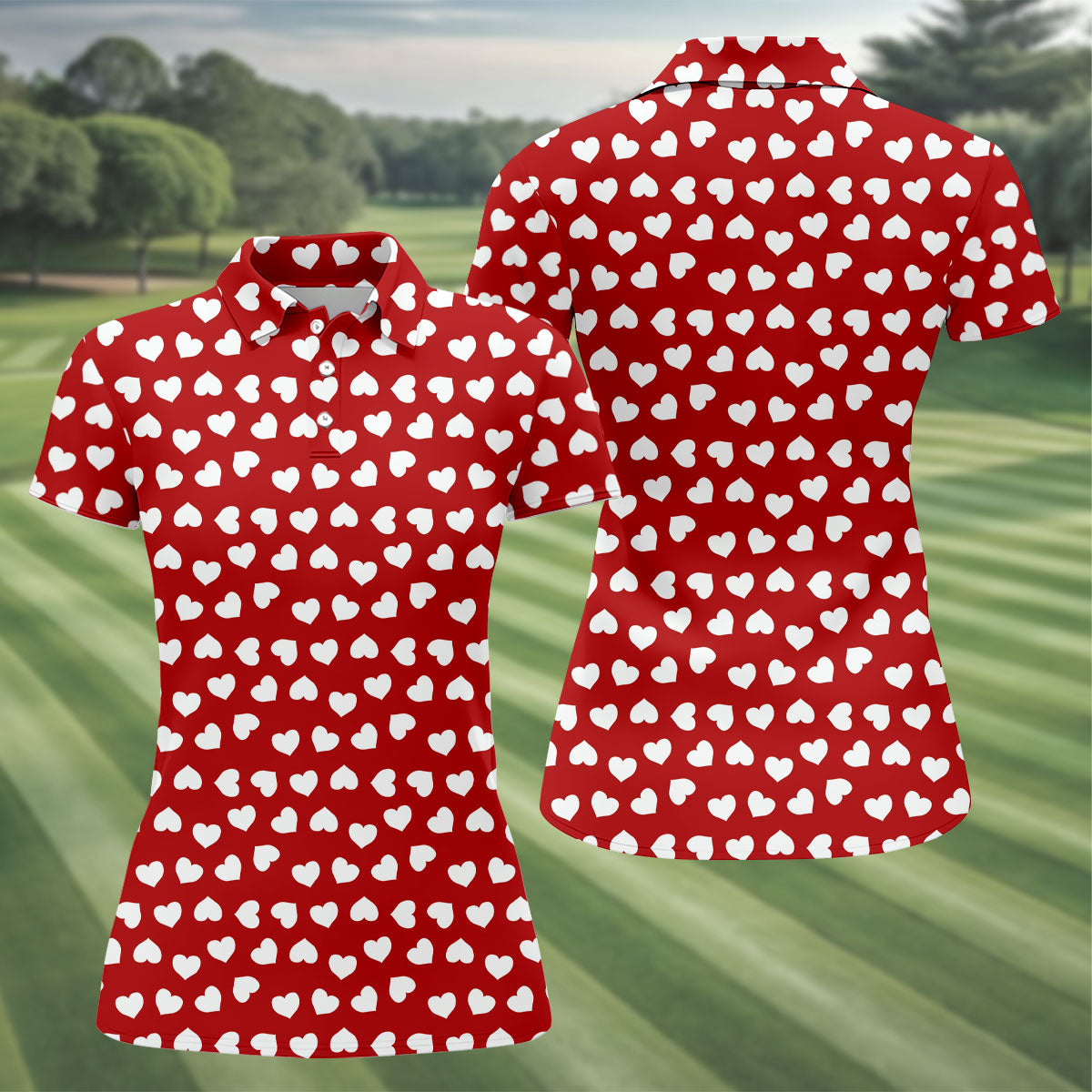 White And Red Heart Pattern Women's Golf Tops, Valentine Golf Gift, Ladies Golf Polos, Golf Gift For Ladies