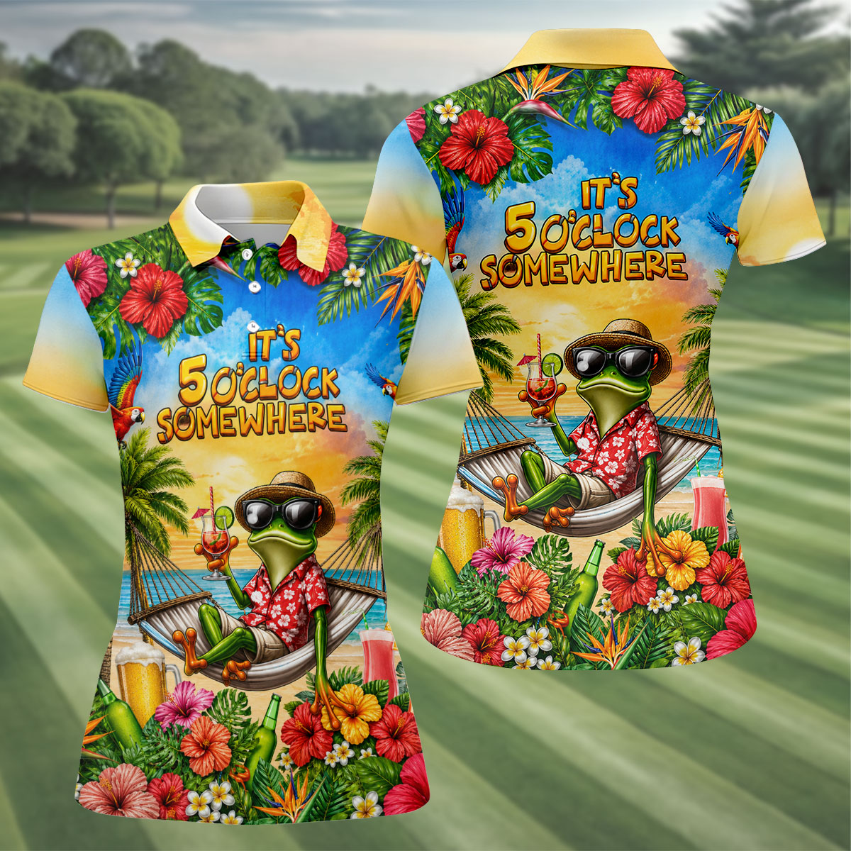 Funny Tropical Frog Drinking Hawaiian Golf Shirt, Golf Polo For Women, Printed Golf Shirt