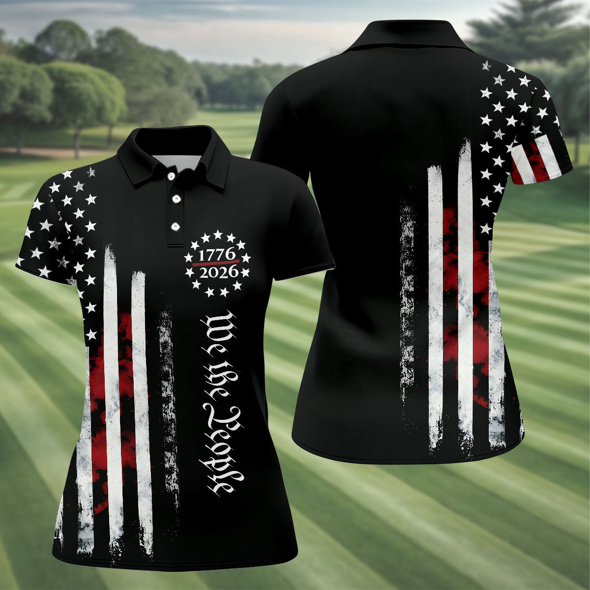 We The People Distressed Flag Patriotic Black Golf Shirt, 250 Years 4th Of July Golf Shirt For Women
