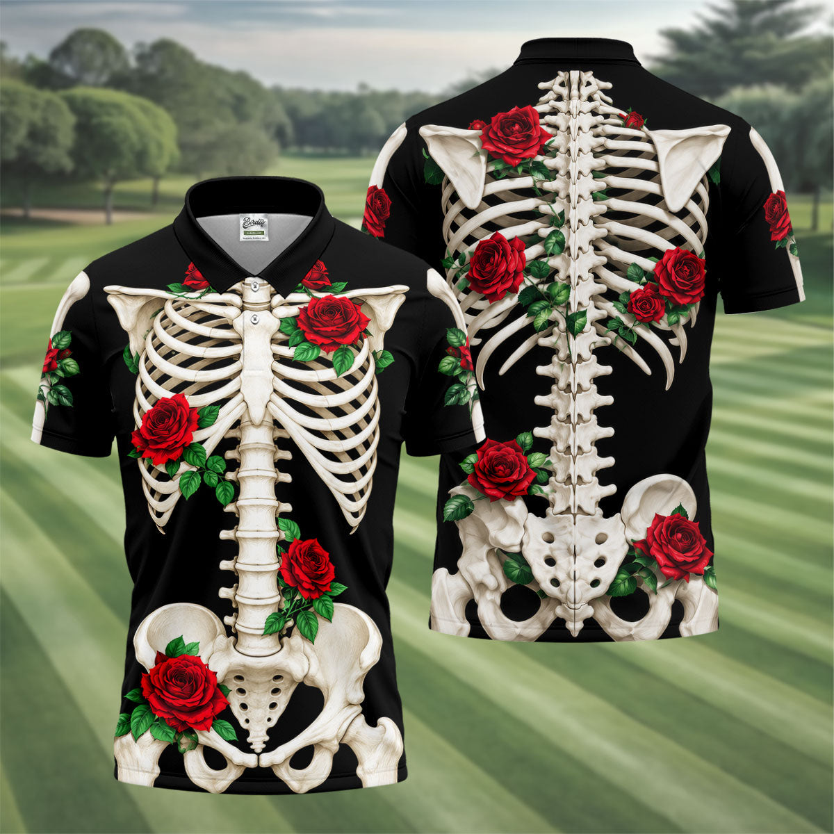Skeleton Rib Cage And Red Roses Halloween Polo Shirt, Polo Shirts For Men, Mens Golf Shirts
