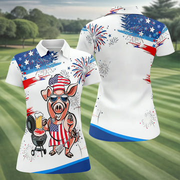 Patriotic American Flag Funny BBQ 250th Anniversary Women's Polo Shirt, Ladies Golf Shirts