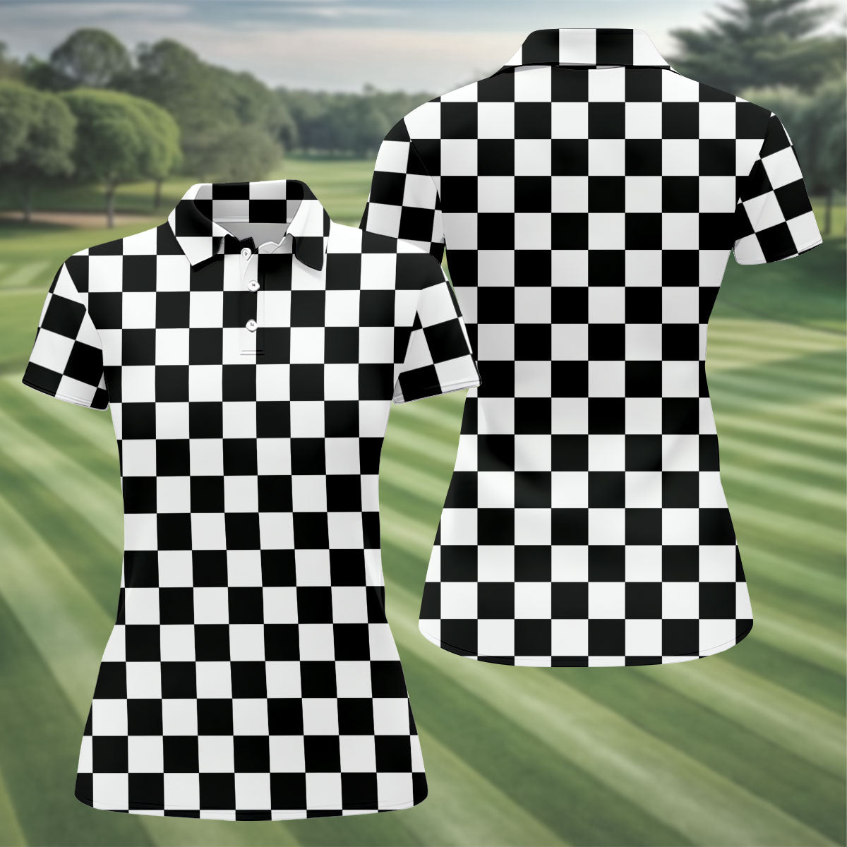 Black White Checkerboard Golf Shirt, Racing Flag Women's Golf Polo, Polo Shirts For Women