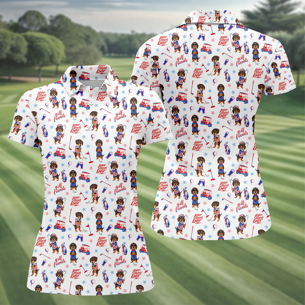 Par Then Bar Cute Dachshund Golf Pose 4th Of July Women Golf Top, 250th Anniversary Patriotic Golf Shirt