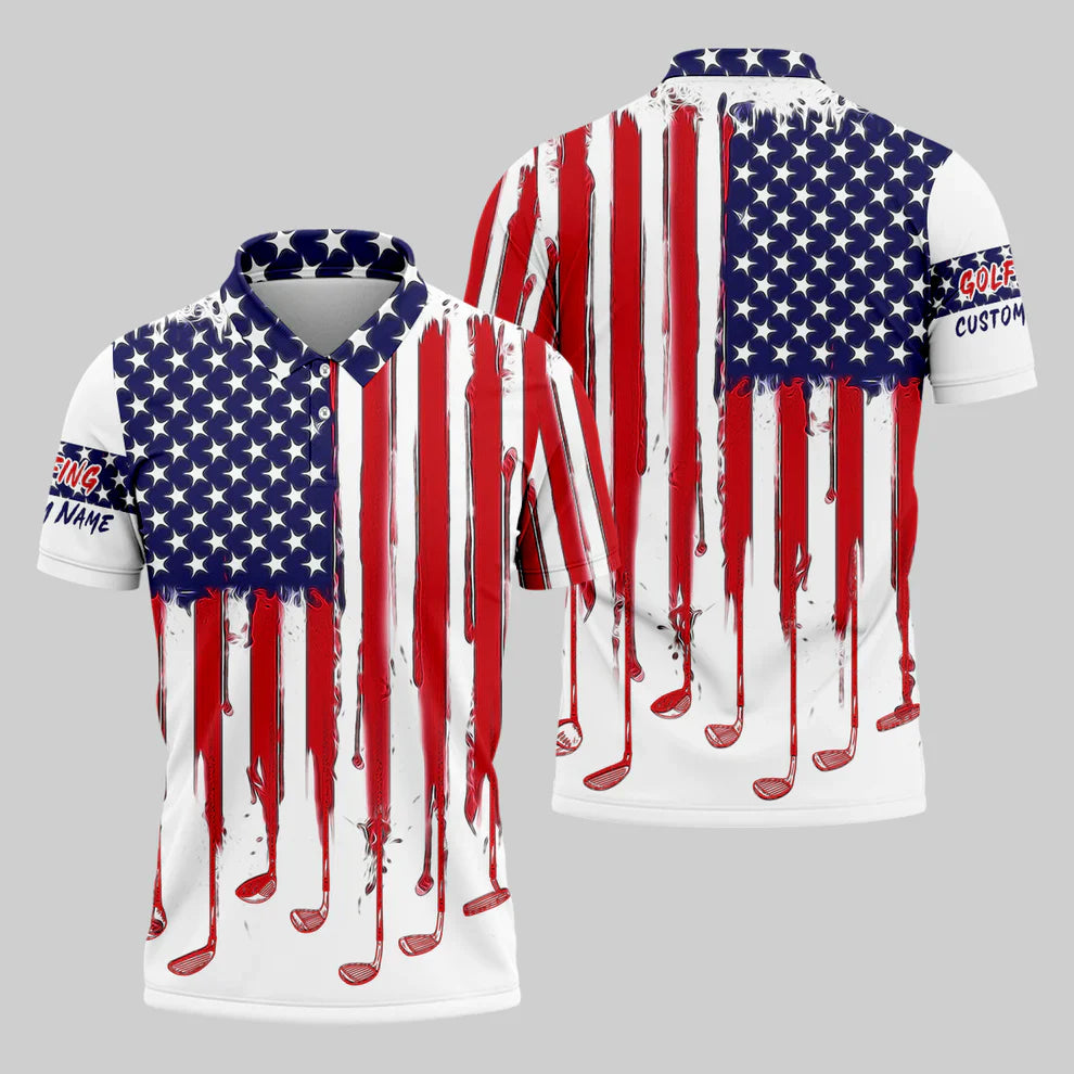 Custom Name USA Flag Golf Polo - Melting American Flag & Golf Club Design, Men's Patriotic 250th Anniversary Shirt