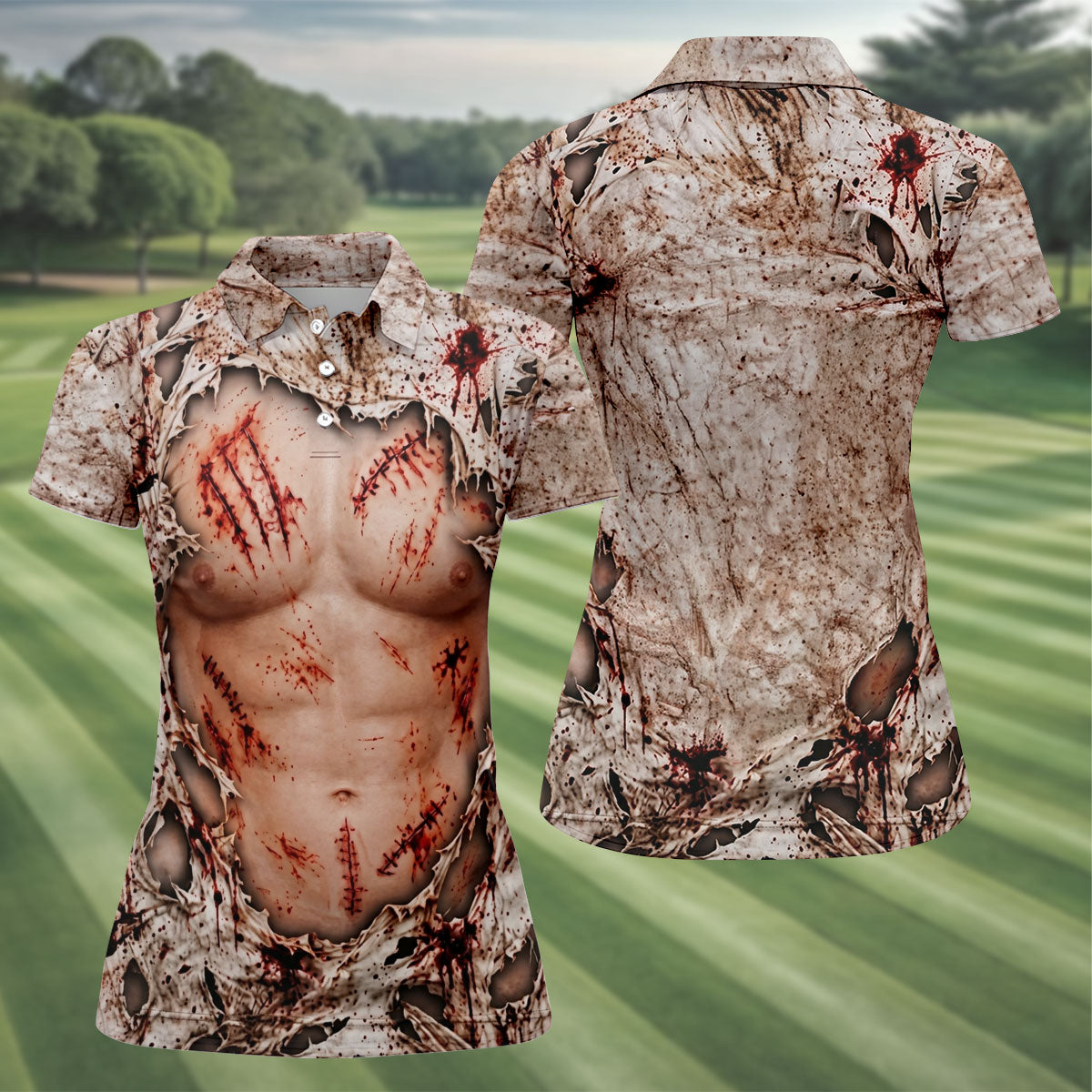 Bloody Stitched Torso Halloween Costume Polo Shirt, Womens Golf Tops, Halloween Golf Shirt