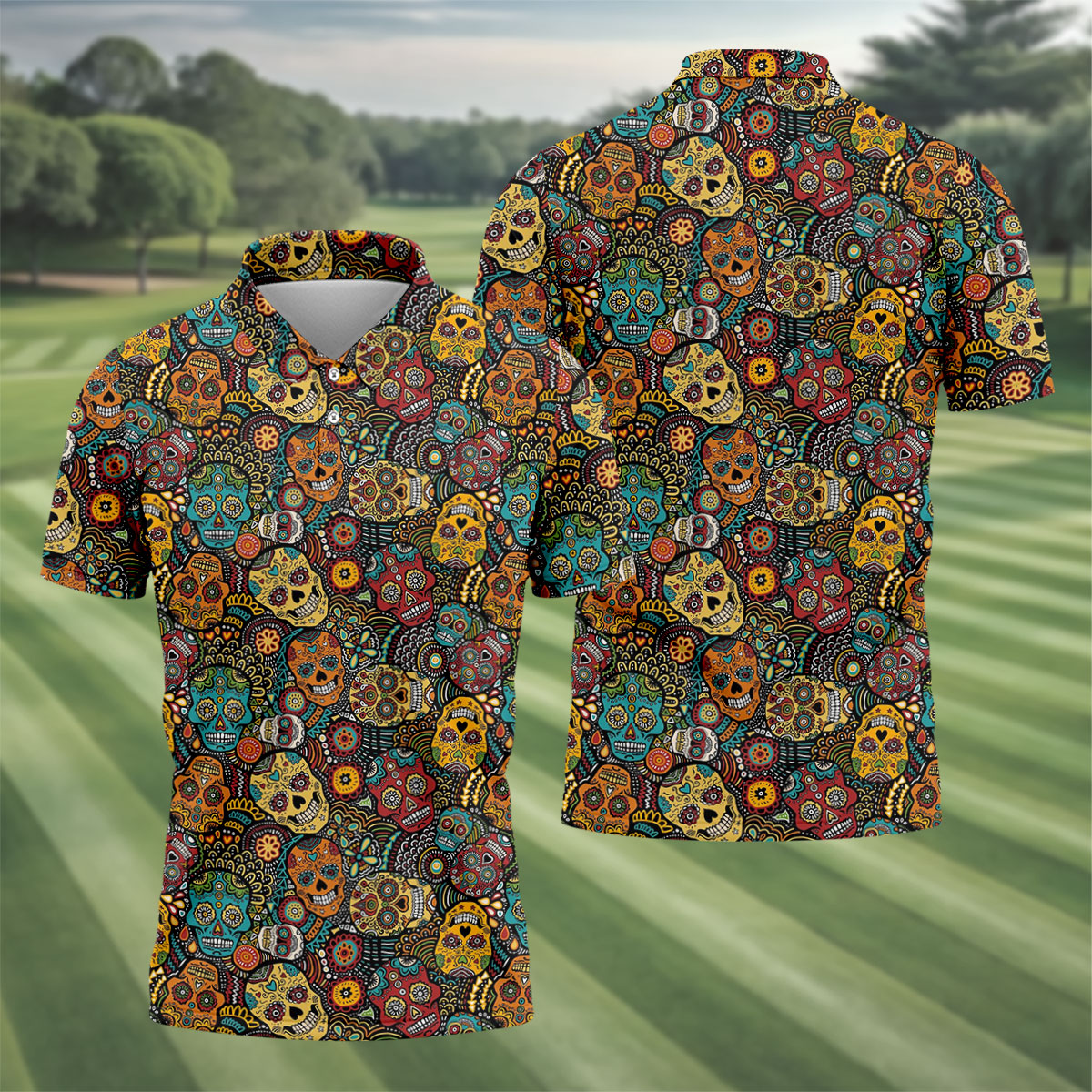 Colorful Sugar Skull Halloween Polo Shirt, Golf Shirts For Men, Golf Apparel For Men
