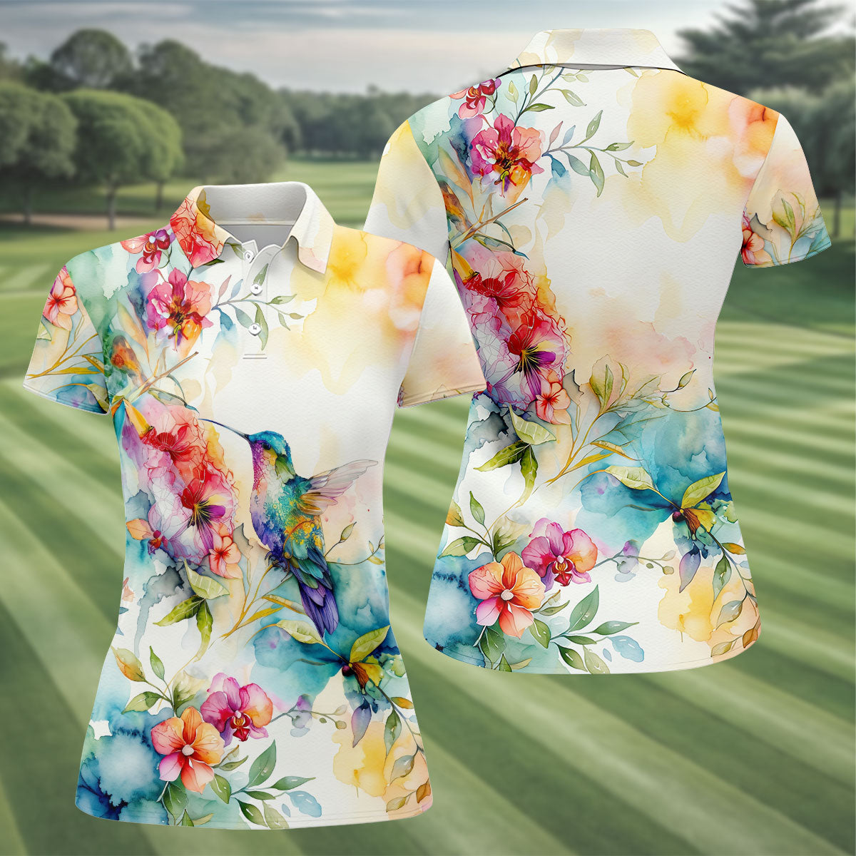 Watercolor Hummingbird Floral Polo Shirt, Ladies Golf Shirts, Women’s Golf Apparel