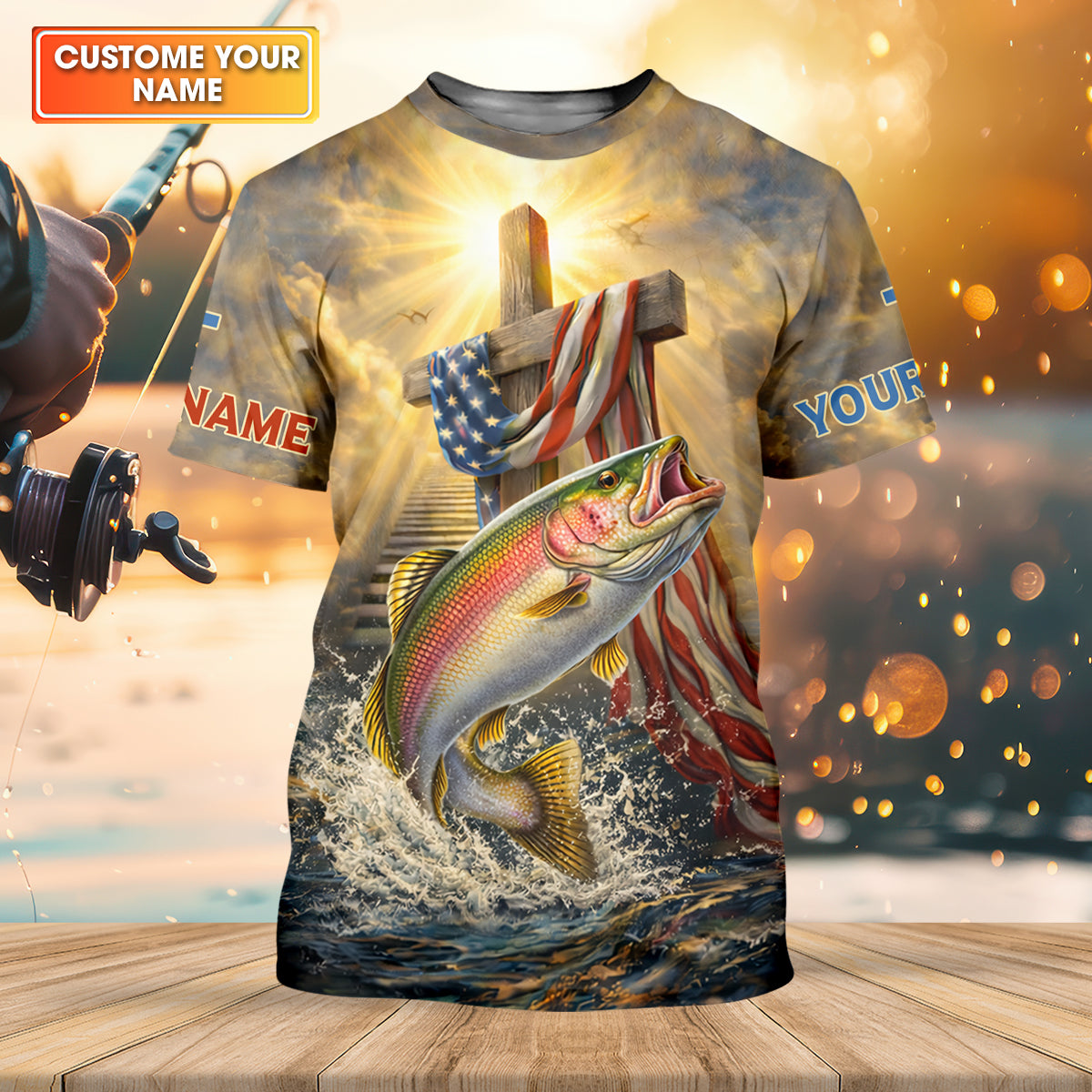 Faith Cross Patriotic Fishing Shirt, Fishing UPF Shirts, 250th Anniversary Fishing Shirts For Men