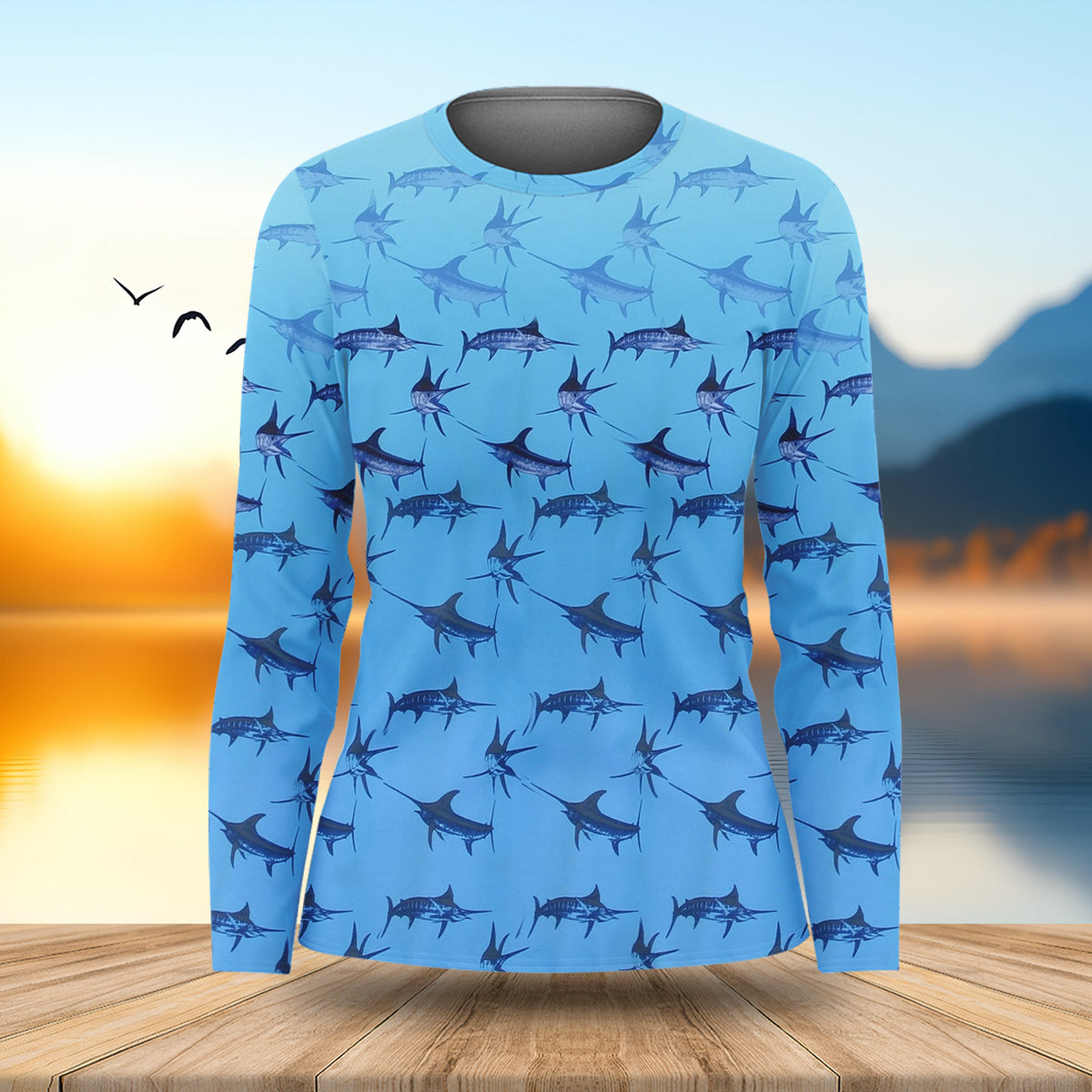 Swordfish Patter Blue Fishing Shirt, Cute Women's Fishing Outfits, Female Fishing Shirts, SPF Shirt
