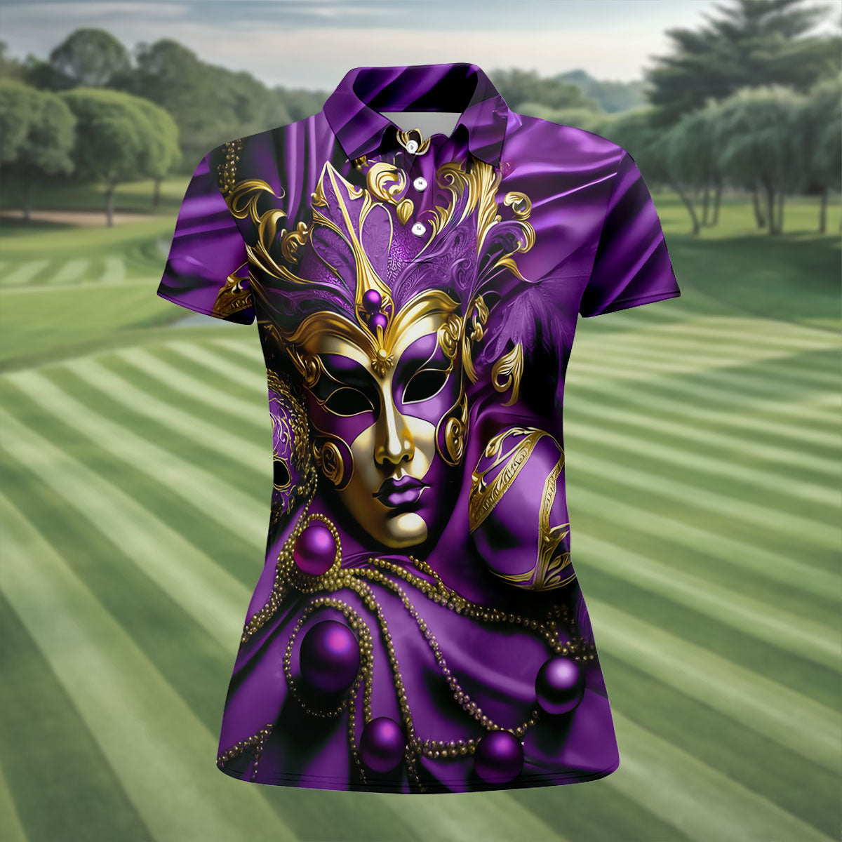 Mardi Gras Face Mask Purple Golf Shirt, Women's Golf Tops, Ladies Golf Polos, Women's Polo Shirt